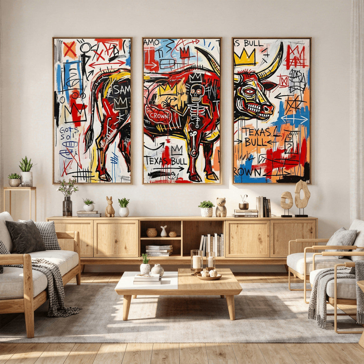 Texas Bull Wall Art Canvas Print, Abstract Graffiti Bull