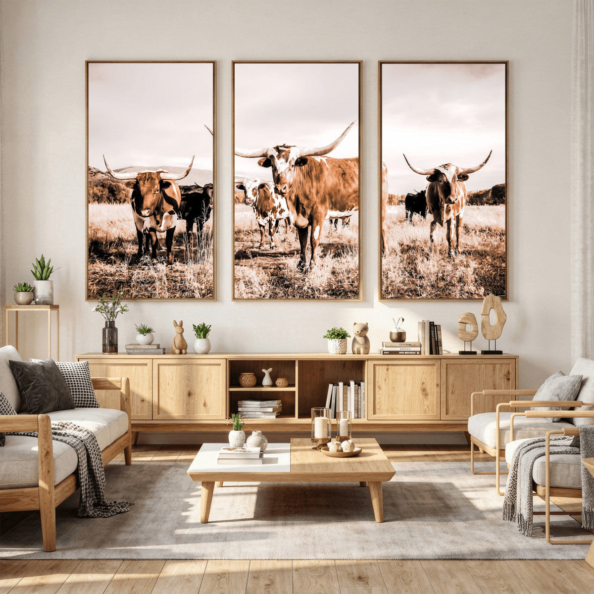 Texas Longhorn Cattle Wall Art Canvas Print, Sepia Western