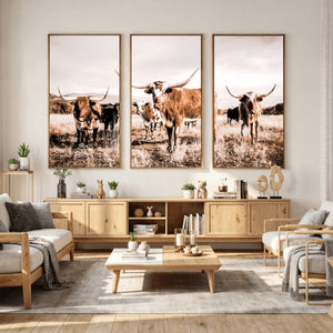 Texas Longhorn Cattle Wall Art Canvas Print, Sepia Western
