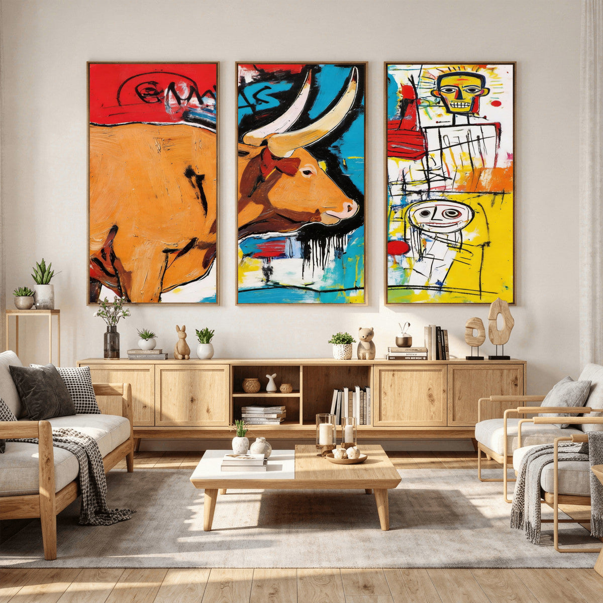 Basquiat Style Bull Graffiti Wall Art Canvas Print, Street