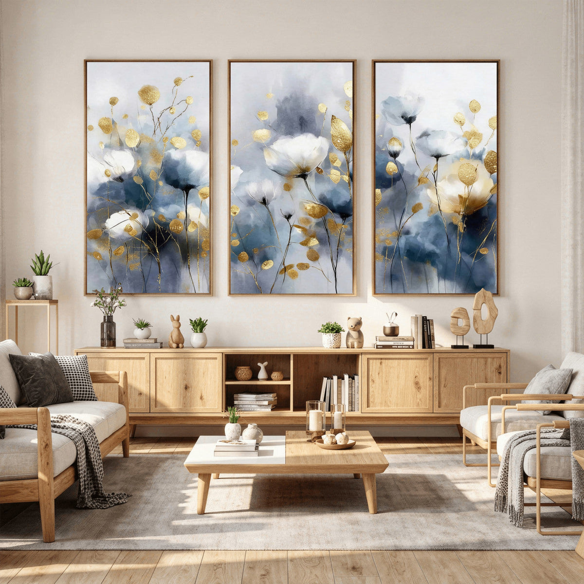 Large Abstract Flowers Wall Art Canvas Print – Gold and Blue