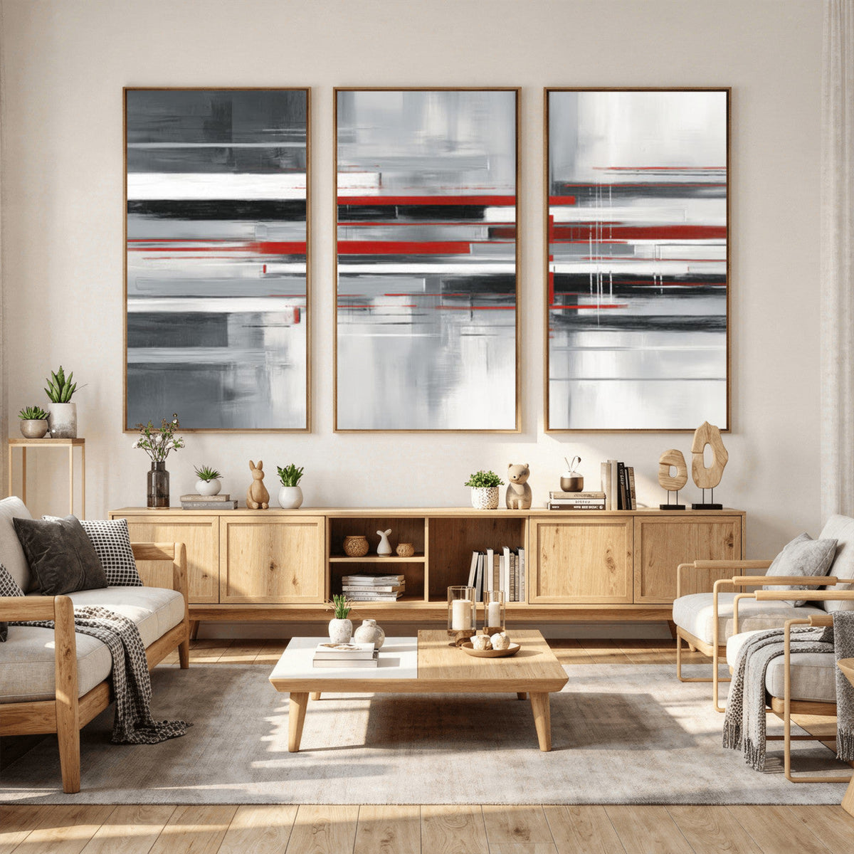 Gray Red Abstract Wall Art Canvas Print, Modern Abstract