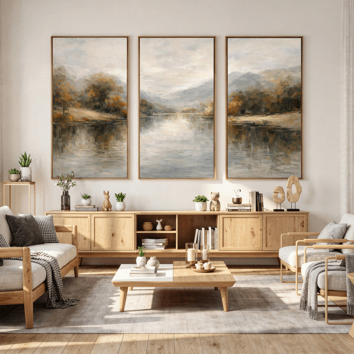 Neutral Abstract River Landscape Wall Art Canvas Print