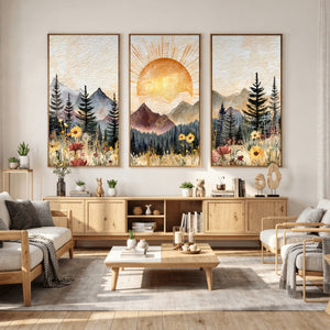 Boho Mountain Landscape Large Wall Art, Horizontal Gold