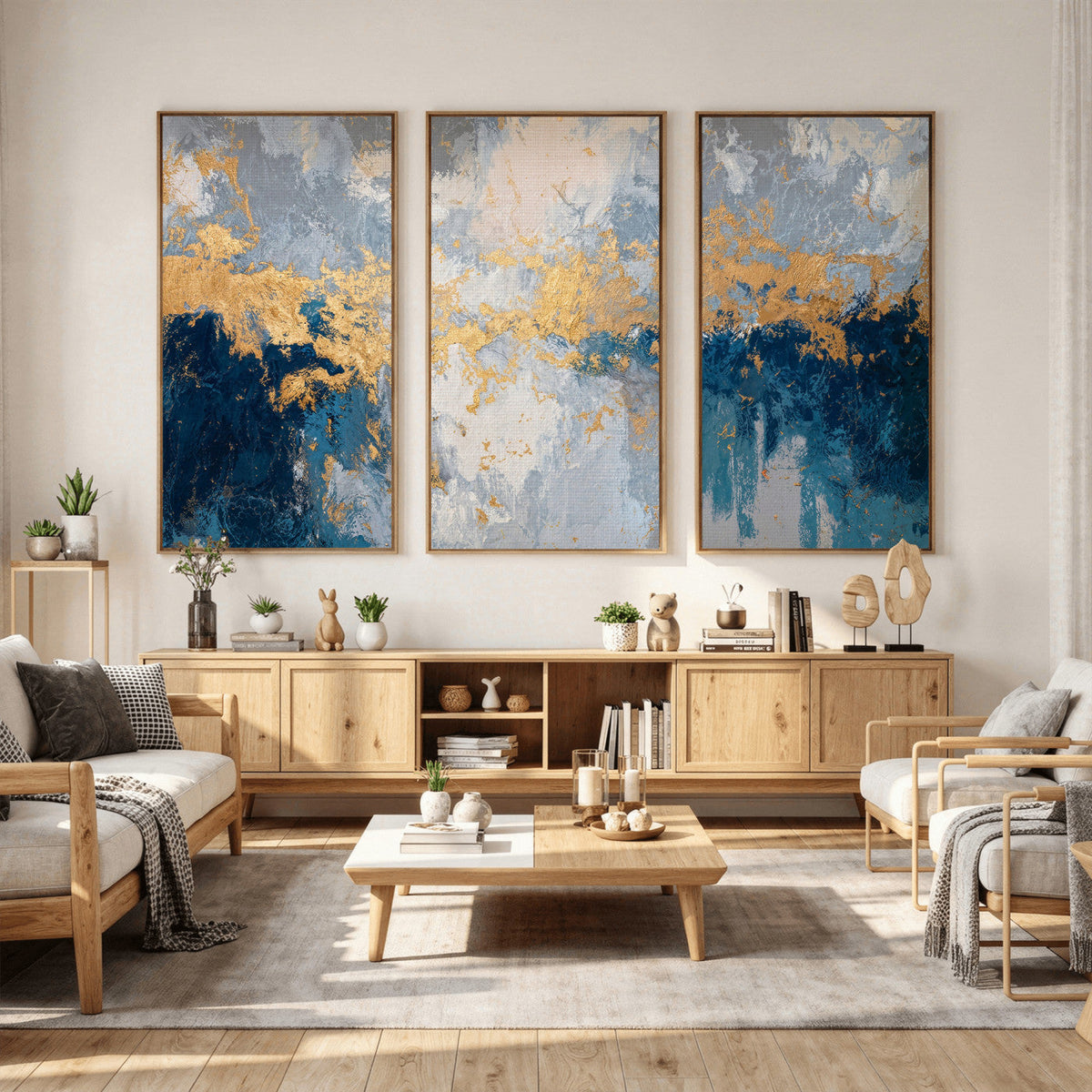 Blue Gold Abstract Large Framed Canvas Wall Art, Modern