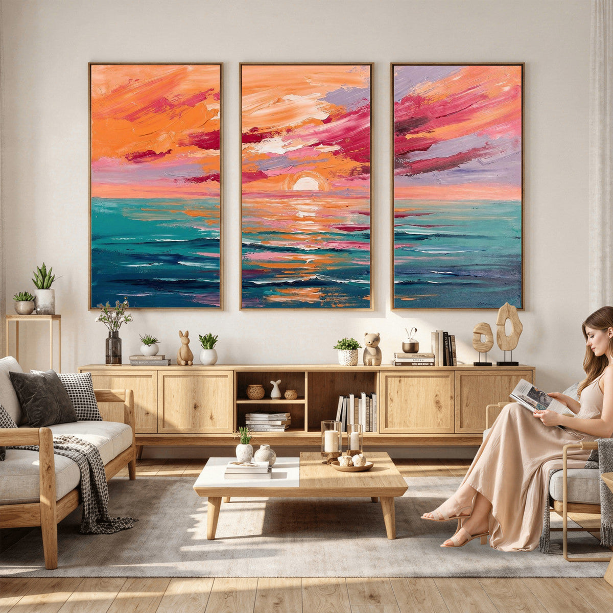Bold Palette Knife Ocean Sunset Canvas — Orange Pink Teal