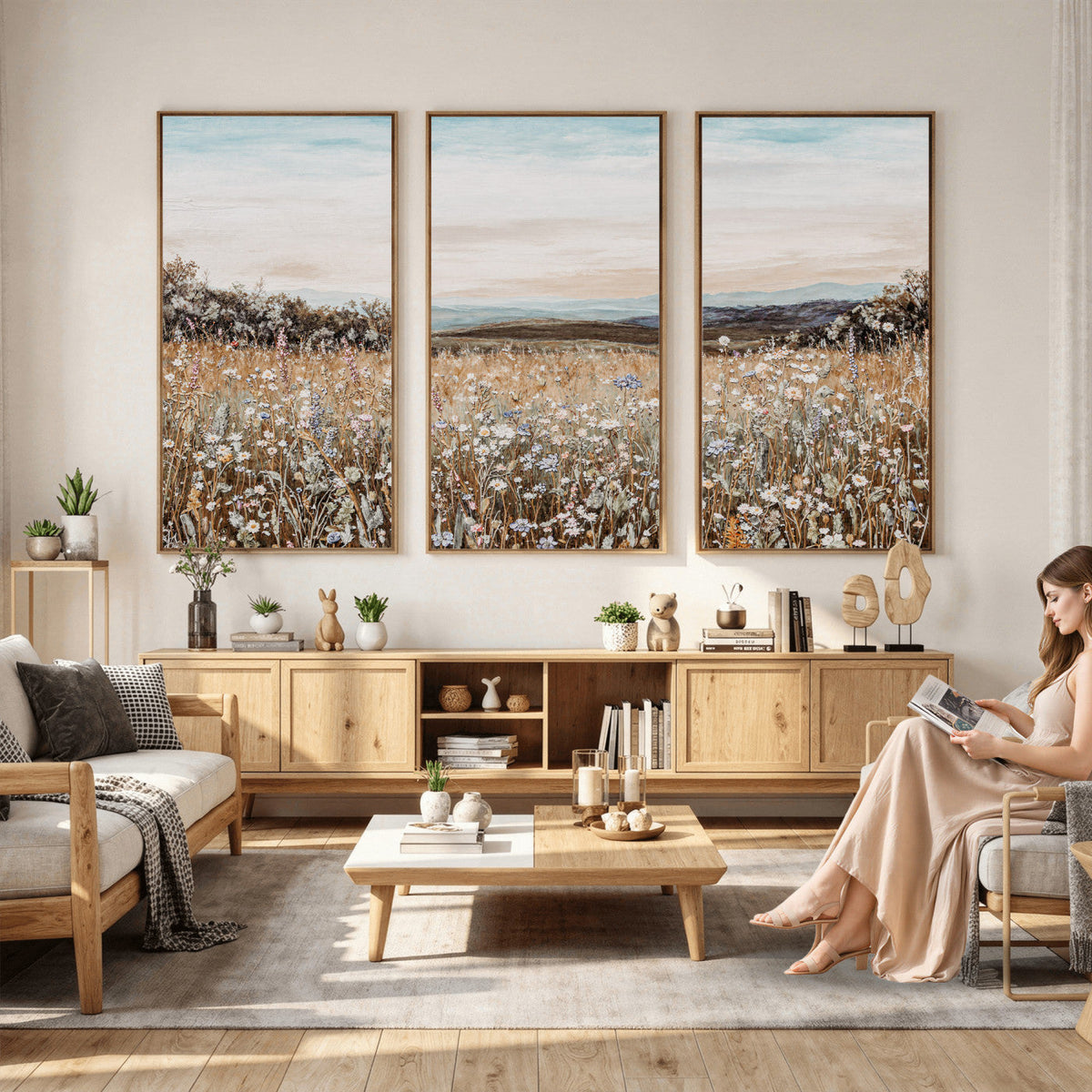 Neutral Wildflower Field Canvas Wall Art — Beige Earth Tone