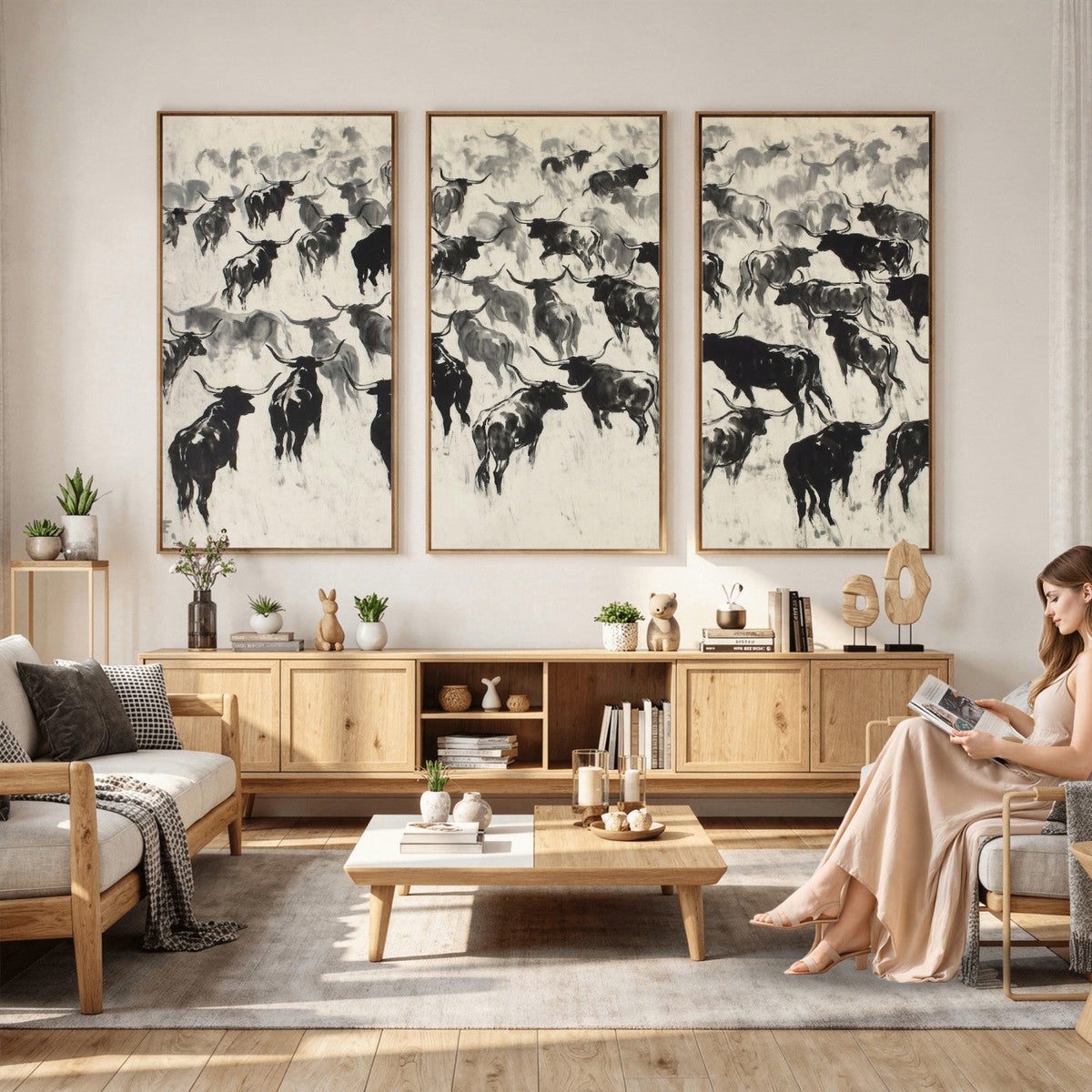 Longhorn Cattle Canvas Wall Art, Black White Stampede Ink