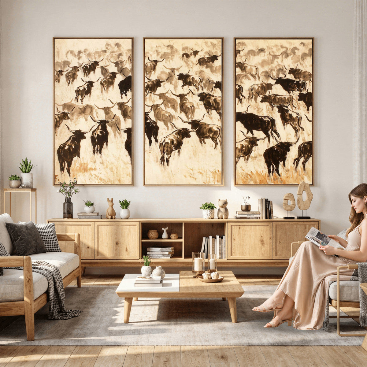 Texas Longhorn Sepia Canvas Wall Art, Western Cattle