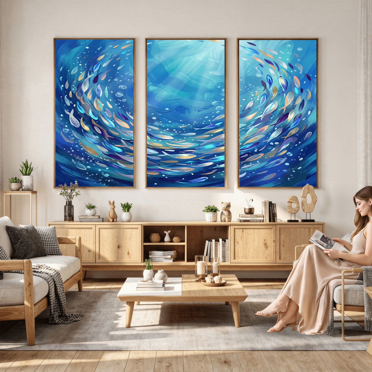 School of Fish Canvas Print | Blue Ocean Underwater Wall Art