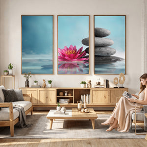Zen Canvas Wall Art Lotus Flower Stacked Stones Teal Spa