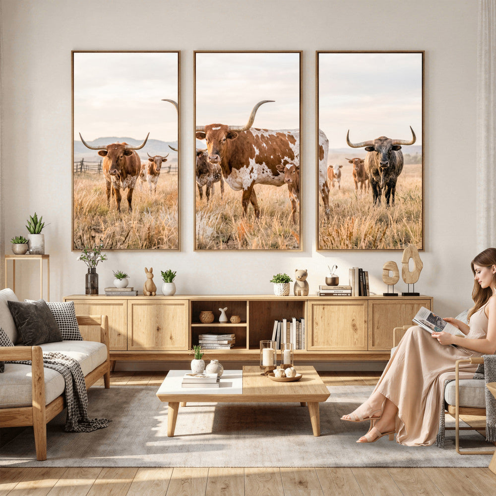 Texas Longhorn Canvas Wall Art, Rustic Farm Animal Photography Print, Farmhouse Country Decor, Western Ranch Art