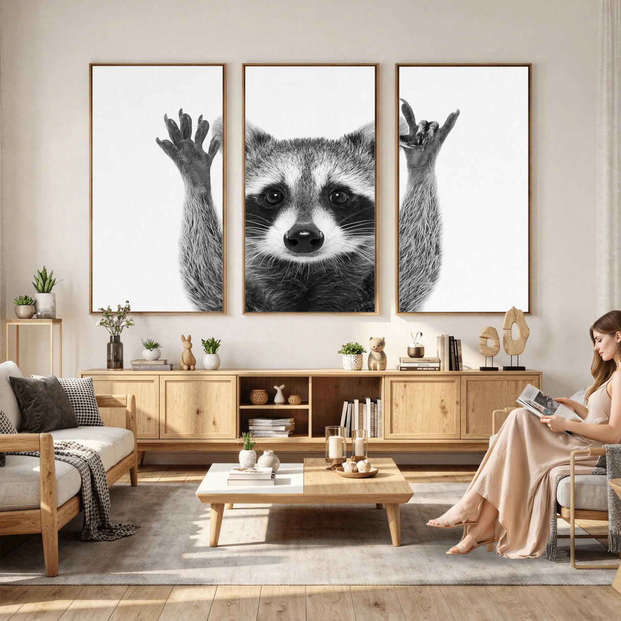 Funny Raccoon Canvas Wall Art, Black White Hands Up Animal Photo Print, Humorous Wildlife Decor, Kids Room Nursery Art, Quirky Animal Gift