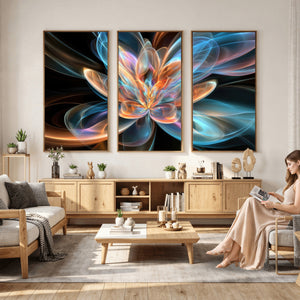 Fractal Lotus Canvas Wall Art, Blue Orange Glowing Flower Abstract Print, Modern Zen Meditation Room Decor, Ethereal Digital Art, Living Room