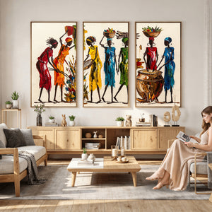 African Folk Art Canvas Wall Art, Colorful African Women Village Painting Print, Tribal Ethnic Home Decor, Vibrant African Art, Living Room