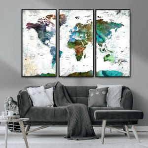 Modern Watercolor World Map Canvas Wall Art – Framed