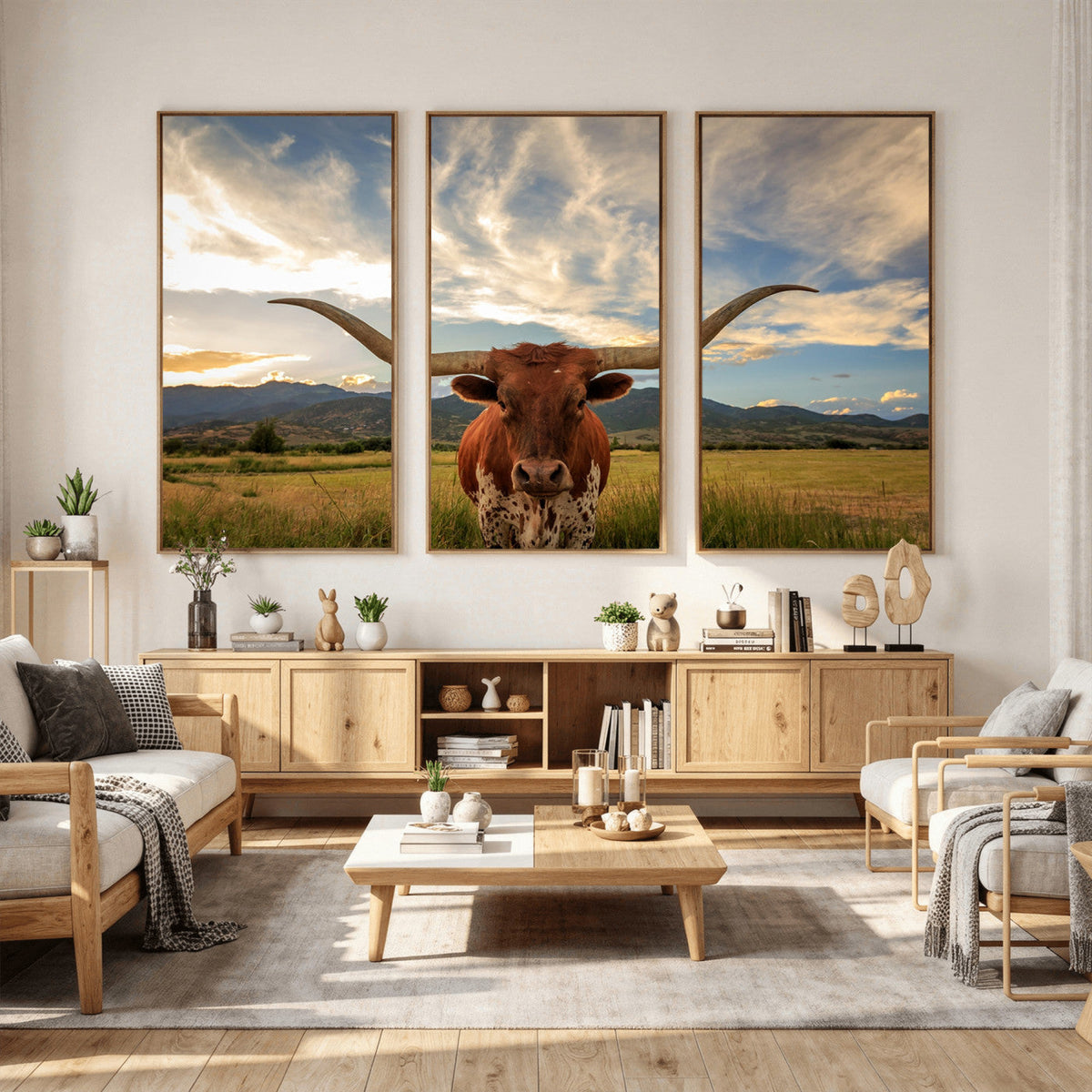 Texas Longhorn Canvas Wall Art – Majestic Triptych Animal