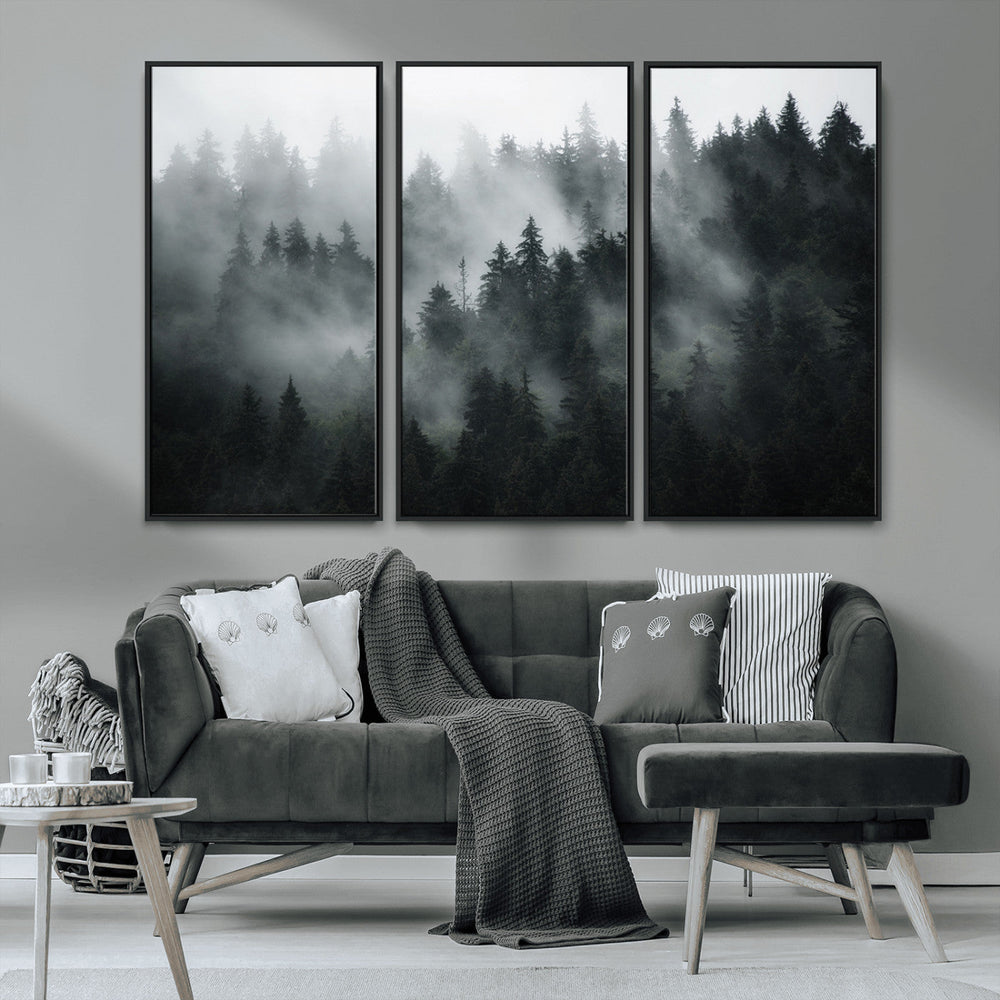 Foggy Forest Wall Art Canvas Print | 3 Panel Large Misty