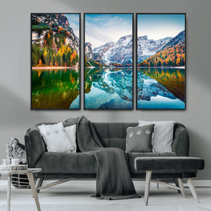 Spectacular autumn view of Braies Lake Wall Art Canvas Print