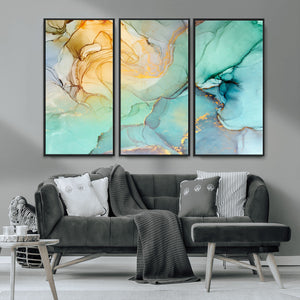 Abstract Aqua and Gold Fluid Wall Art Canvas | 3 Panel Large