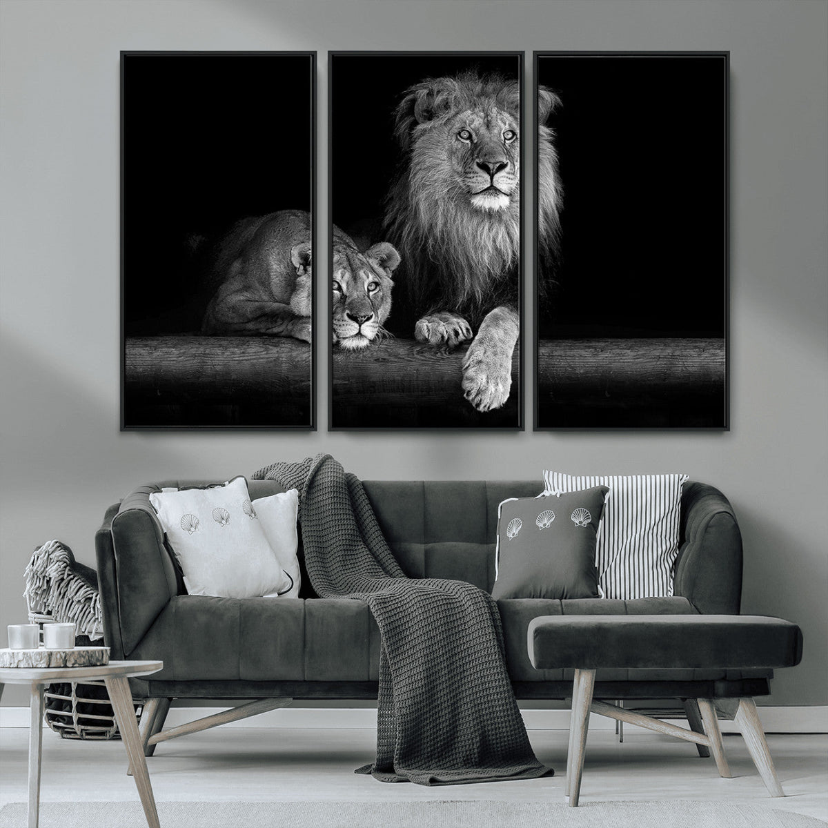 Large Black and White Lion Couple Wall Art Canvas Print –