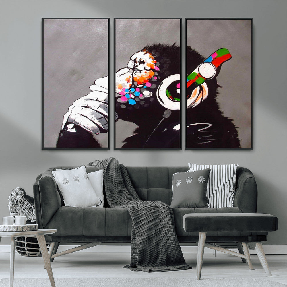 Dj Monkey Listening to Music Wall Art Print | Banksy Monkey