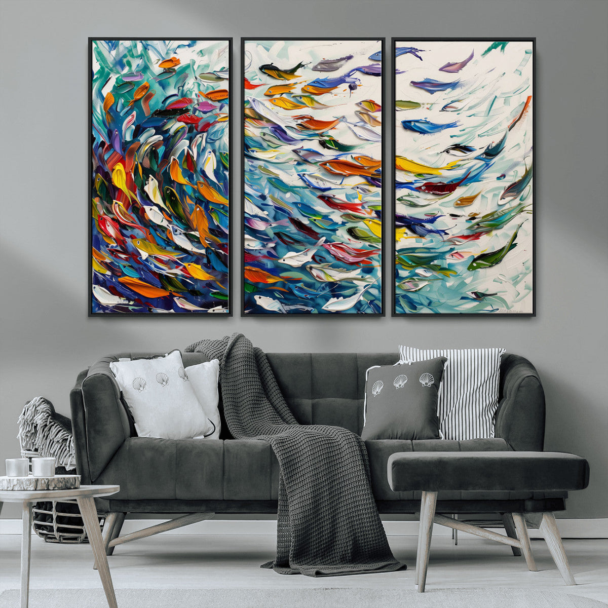 Modern Abstract Fish Shoal Wall Art Canvas Print, Colorful