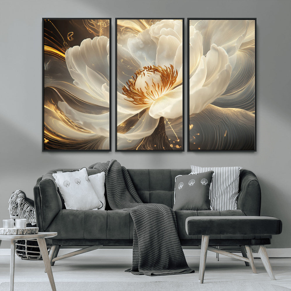 Gold Floral Wall Art Canvas Print, Framed Modern Flower Art