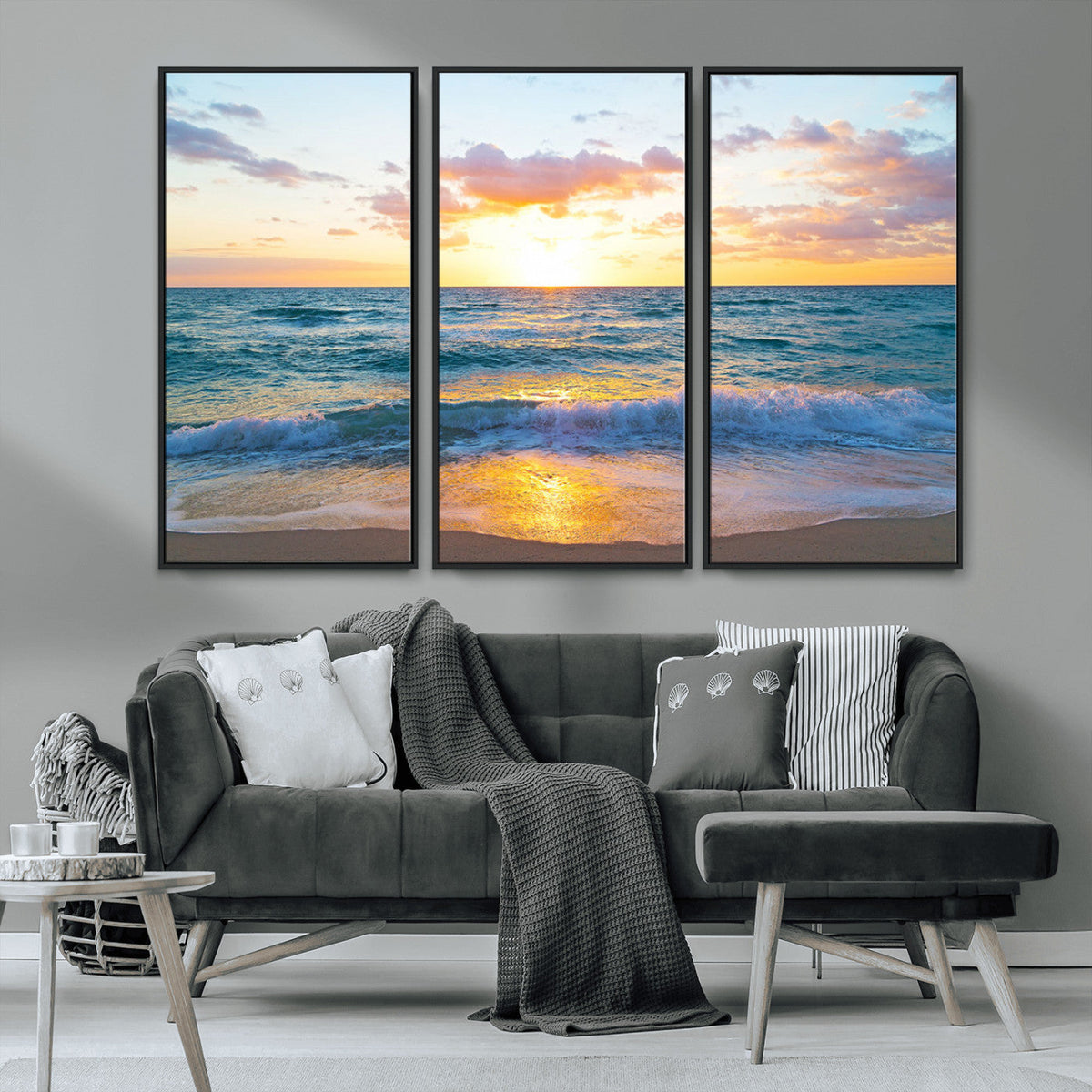 Golden Sunset Over Ocean Waves - Serene Coastal Triptych