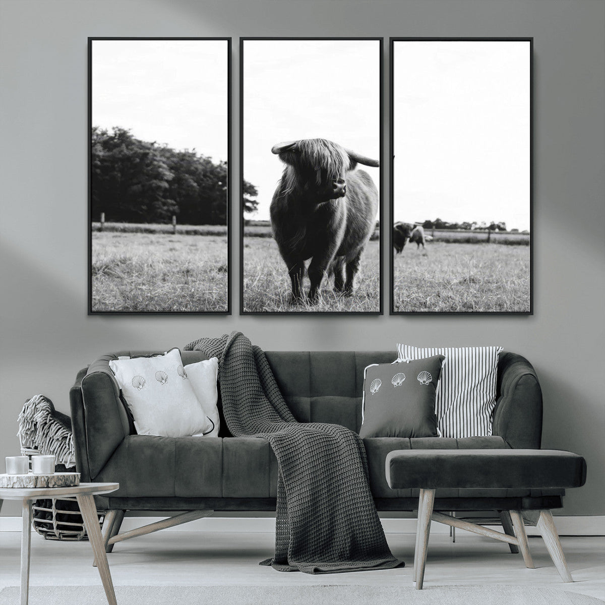 Black and White Highland Cow Wall Art Canvas Print | Rustic