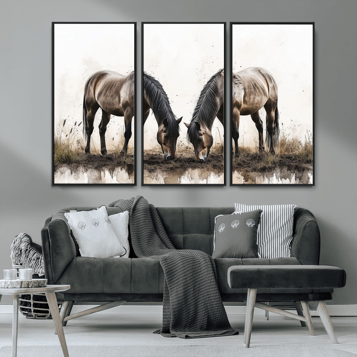Chines Ink Style Horses Wall Art Canvas Print