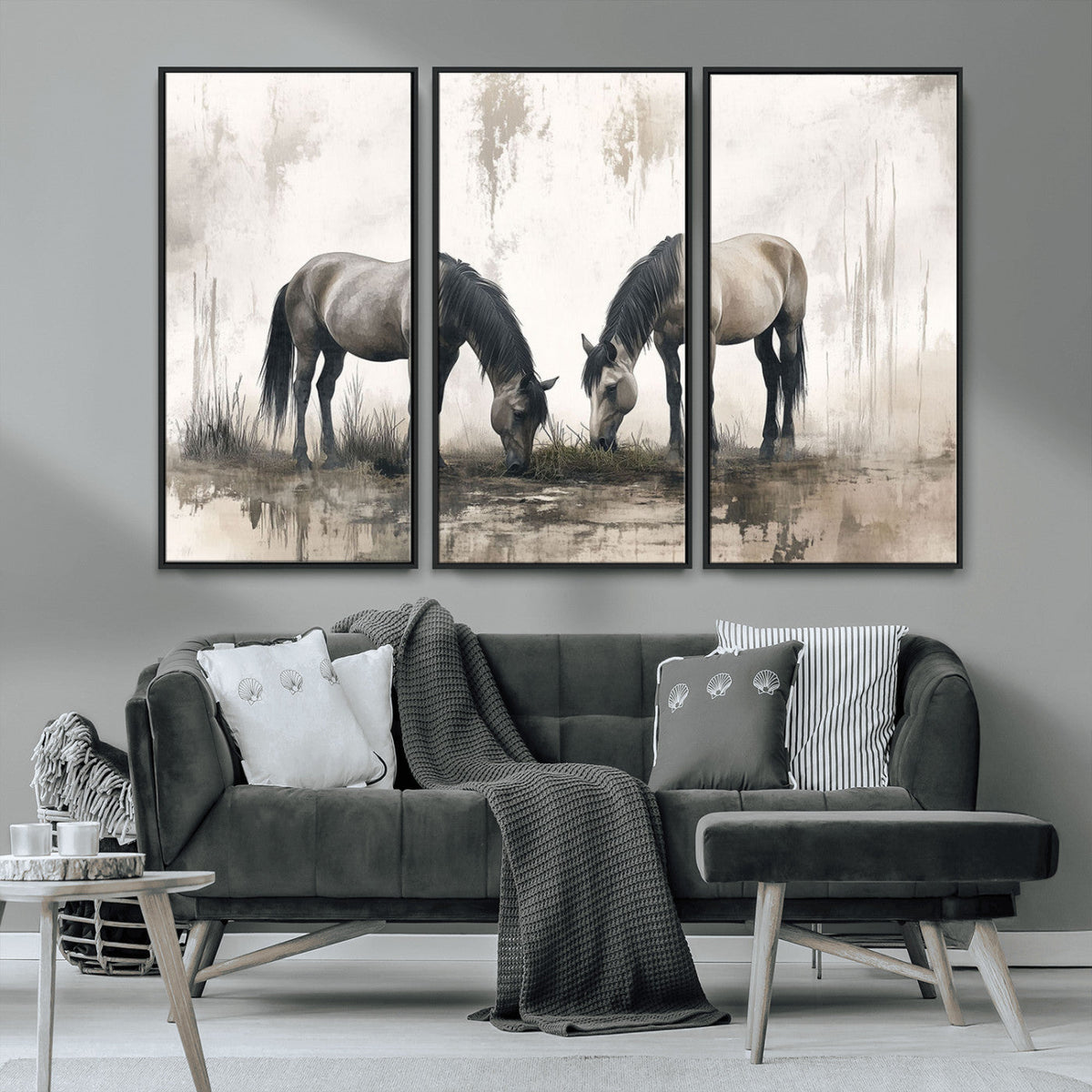 Chines Ink Style Vintage Horses Wall Art Canvas Print for