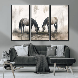 Chines Ink Style Vintage Horses Wall Art Canvas Print for