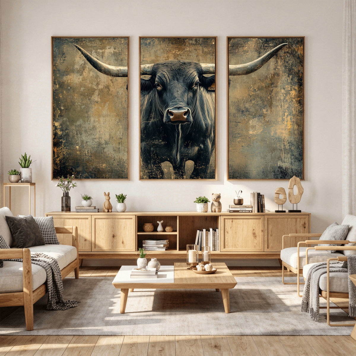 Texas Longhorn Bull Wall Art – Framed Rustic Cow Canvas