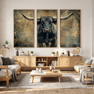 Texas Longhorn Bull Wall Art – Framed Rustic Cow Canvas