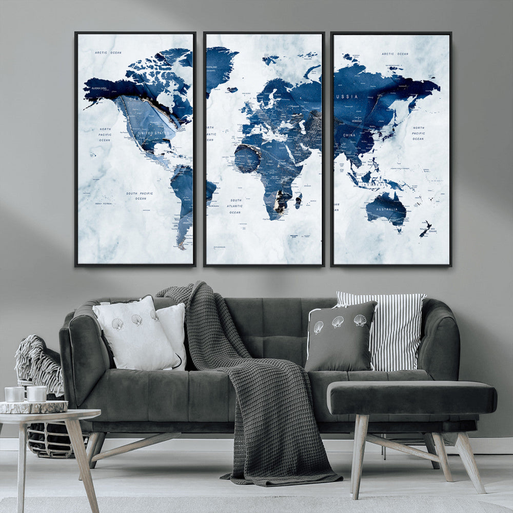 Modern Blue World Map Canvas Print – Framed Wall Art,