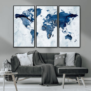 Modern Blue World Map Canvas Print – Framed Wall Art,