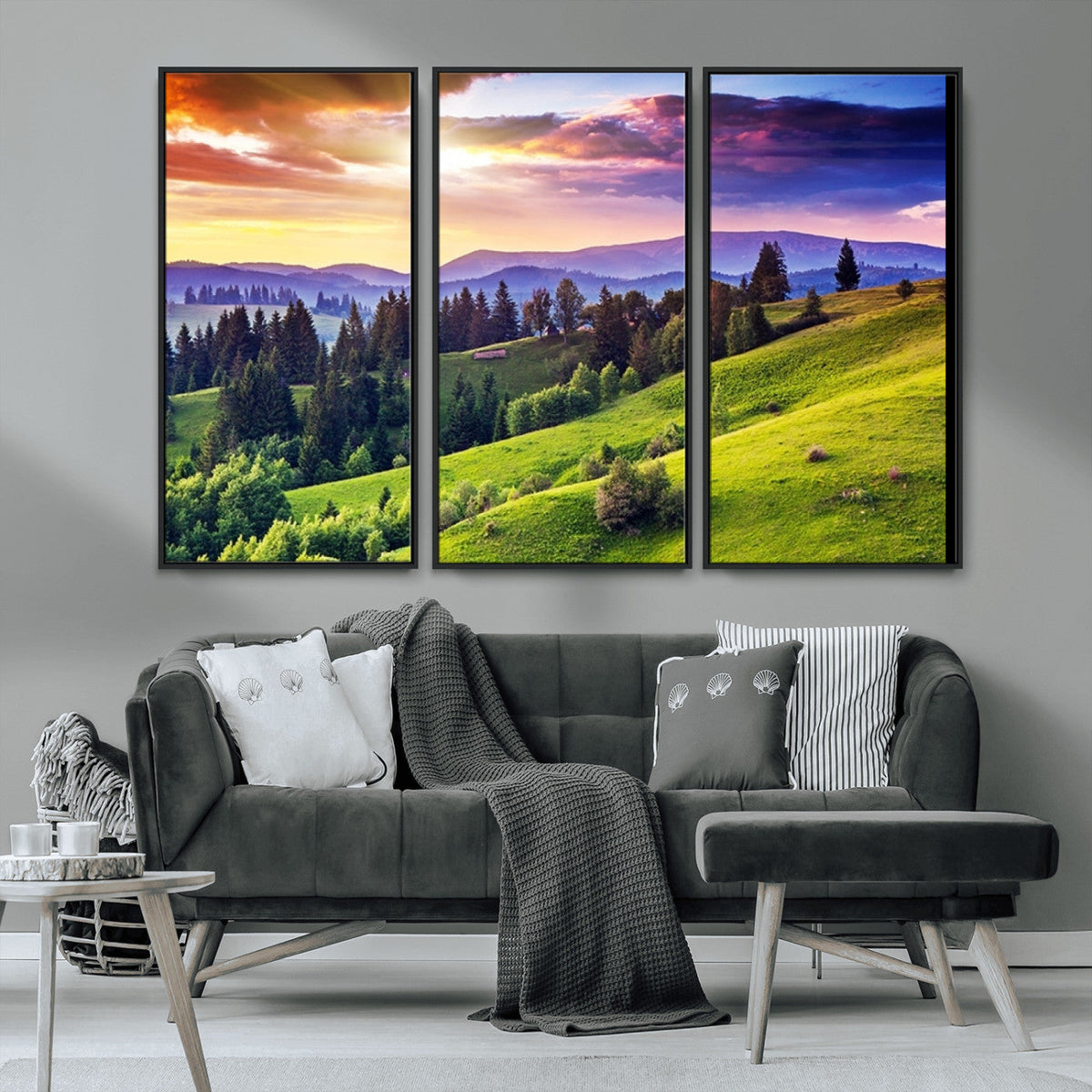 Green Hills and Sunset Wall Art Print - Scenic Landscape