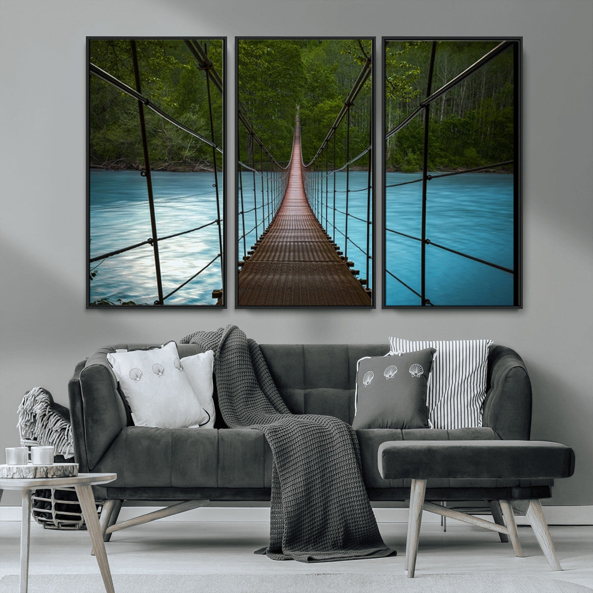 Suspension Bridge Over River Canvas Art | 3-Panel Nature