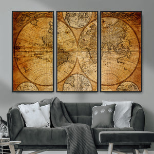 Vintage World Map Canvas Print – Antique Push Pin Travel