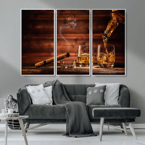 Whiskey and Cigar Wall Art Canvas | 3 Panel Bar Room Decor
