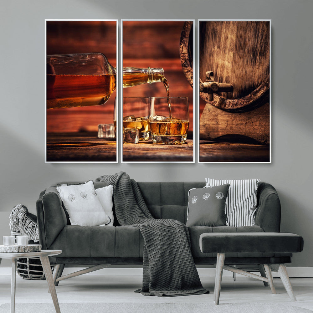 Whiskey and Cigar Canvas Wall Art | 3 Panel Bar Room Decor