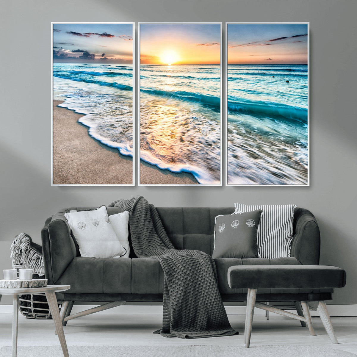 Sunset Beach Waves Canvas Wall Art – 5-Panel Ocean Sunset