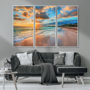 Sunset Ocean Waves on Tropical Beach, 3-Panel Giclee Canvas