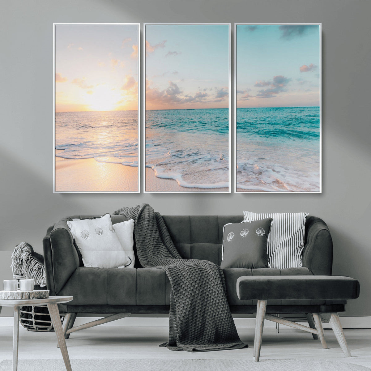 Tranquil Ocean Beach Sunset Canvas Wall Art | 3-Panel