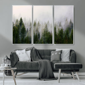 Misty Pine Forest Wall Art Canvas Print | 3 Panel Green
