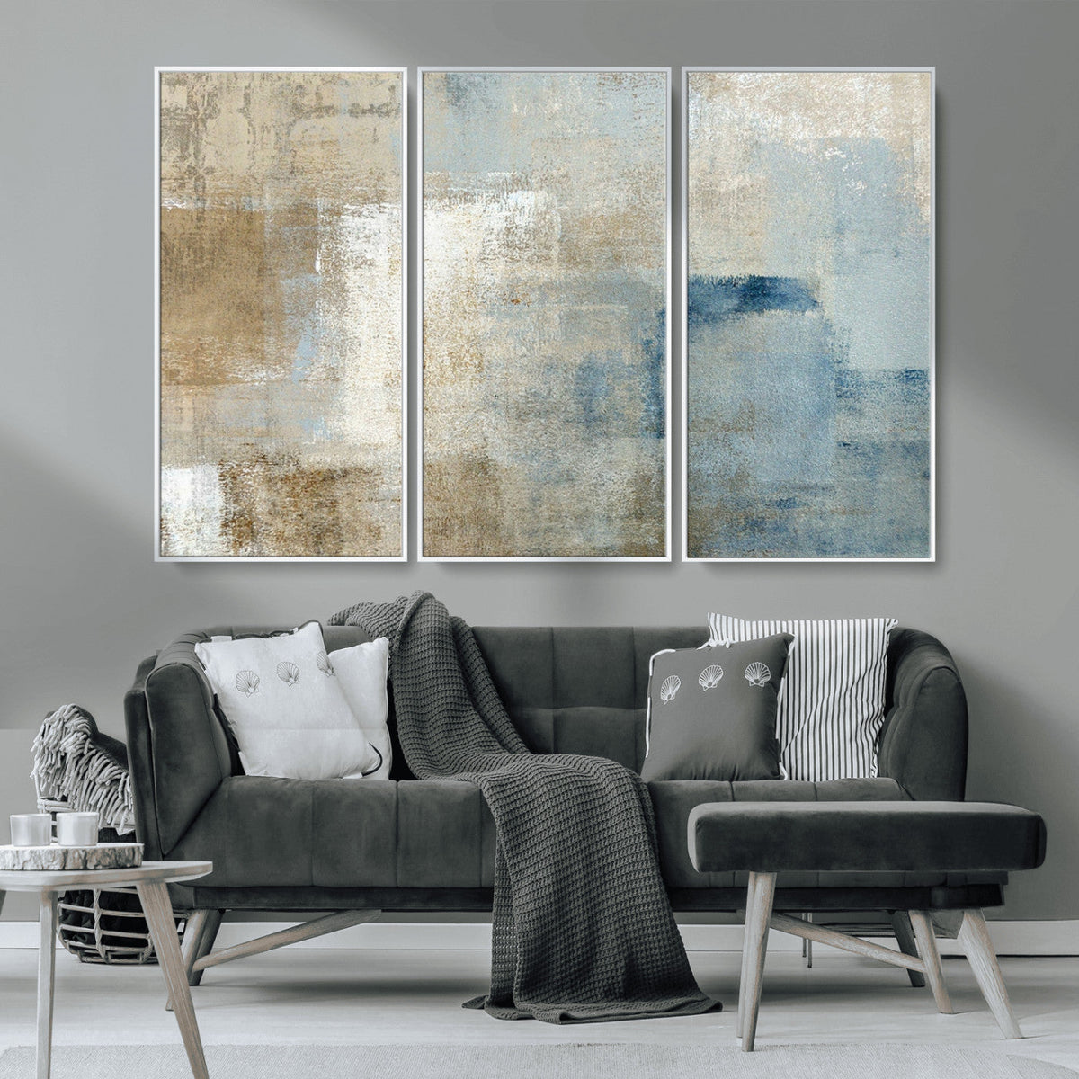 Abstract Blue and Beige Wall Art, Modern Minimalist Canvas