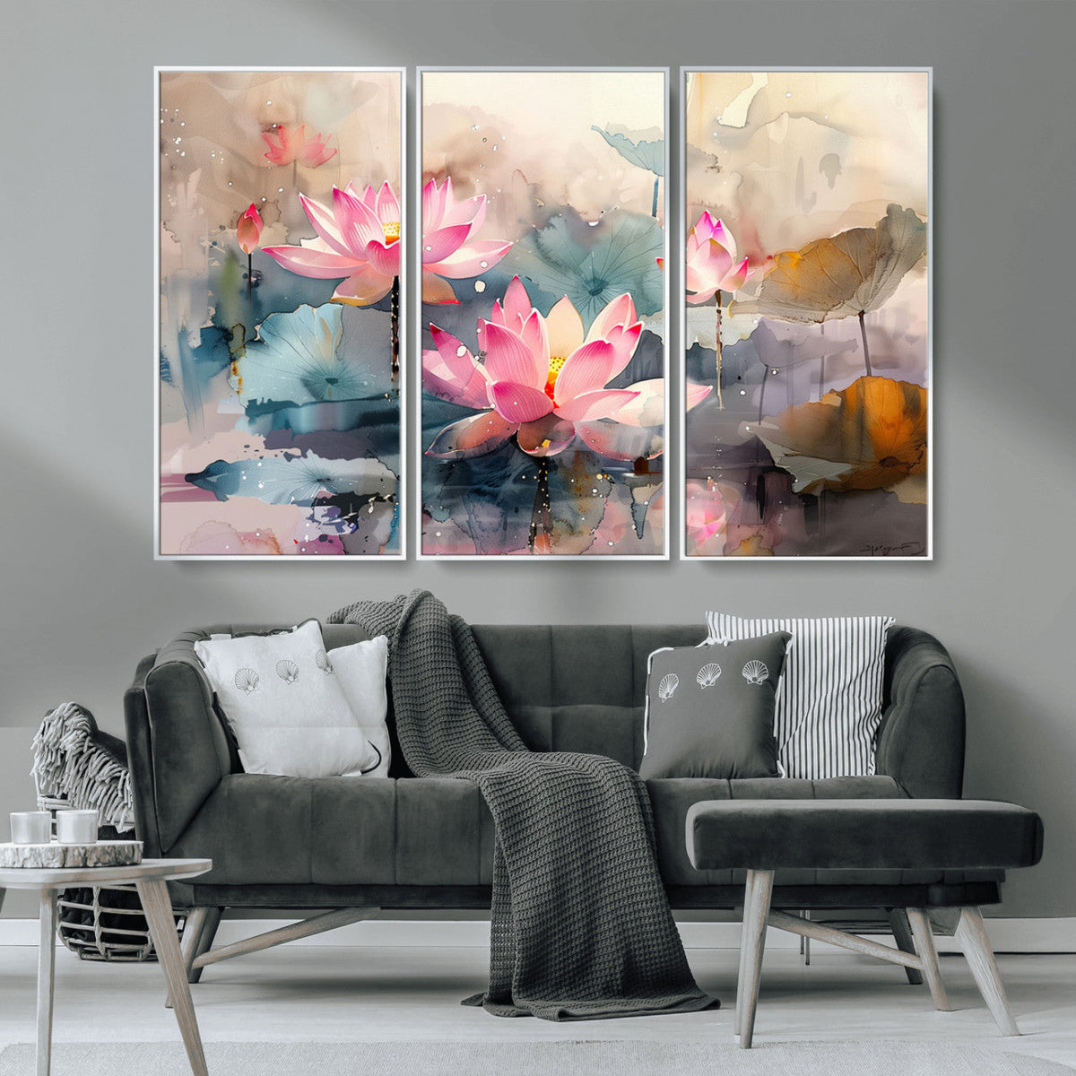 Lotus Flower Wall Art | 3-Panel Giclee Canvas Print of Pink