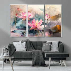Lotus Flower Wall Art | 3-Panel Giclee Canvas Print of Pink