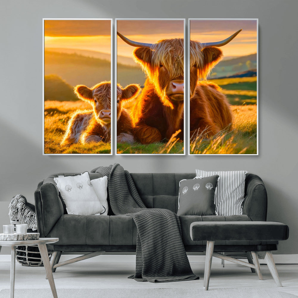 Scottish Cow and Baby Cow Canvas Wall Art Animal Print